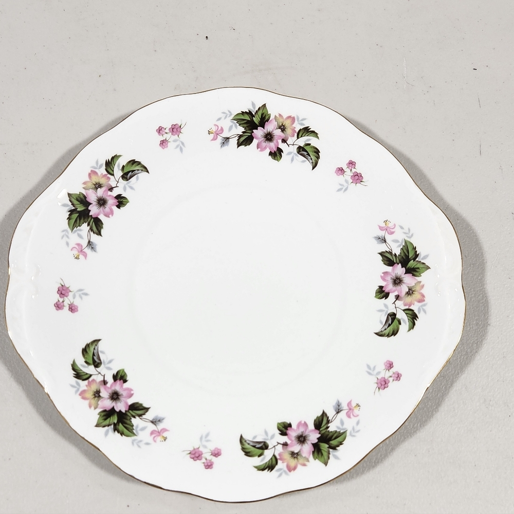 White Bone China Saucer with Pink Floral Border and Gold Trim